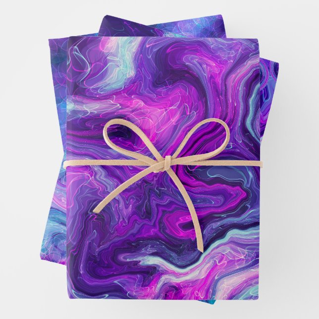 Purple, Blue, Pink Marble Fluid Art Birthday Wrapping Paper Sheet (In situ)