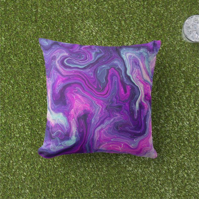 Purple, Blue, Pink Marble Fluid Art Outdoor Pillow (Grass)