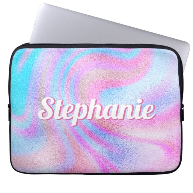 Purple Blue Pink Shimmer Swirl Personalized Name Laptop Sleeve (Front)