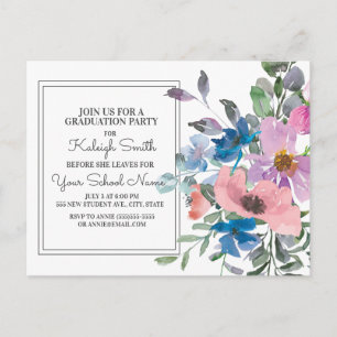 Purple Blue Pink Watercolor Floral Graduation Postcard