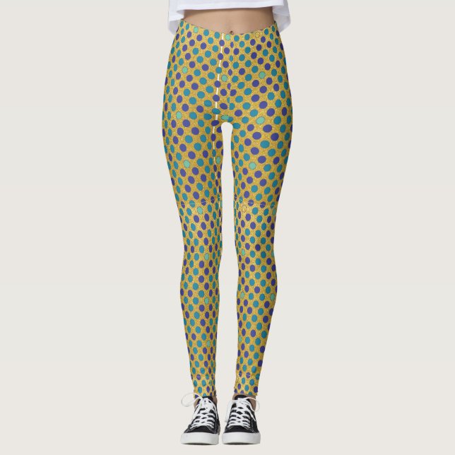 Purple blue polka dots pattern on glam golden leggings (Front)
