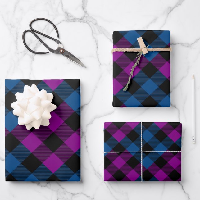 Purple & Blue Quilt Buffalo Plaid Holiday Wrapping Paper Sheet (Front)