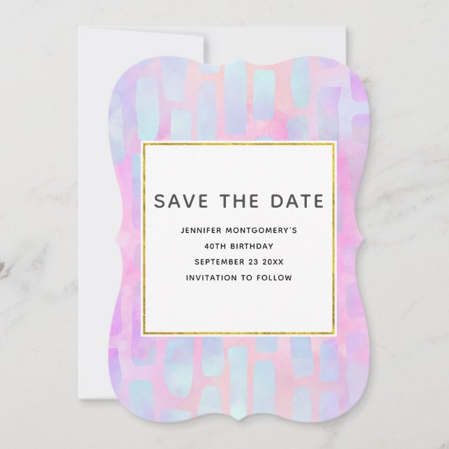 Purple & Blue Rectangle Shapes on Pink Birthday Save The Date (Front)