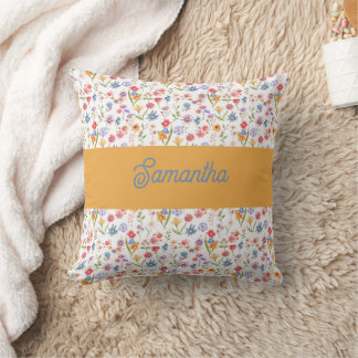 Purple Blue Red Watercolor Wildflower Monogram Throw Pillow