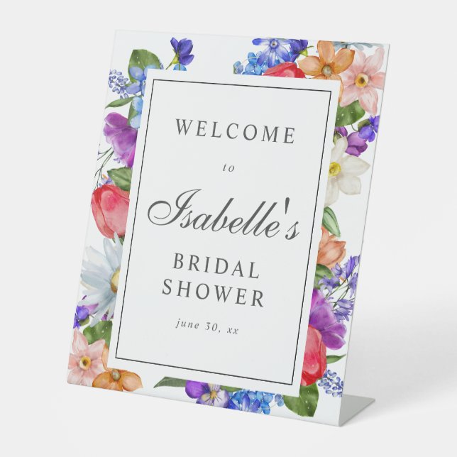 Purple Blue Red Wildflower Bridal Shower Welcome Pedestal Sign (Front)
