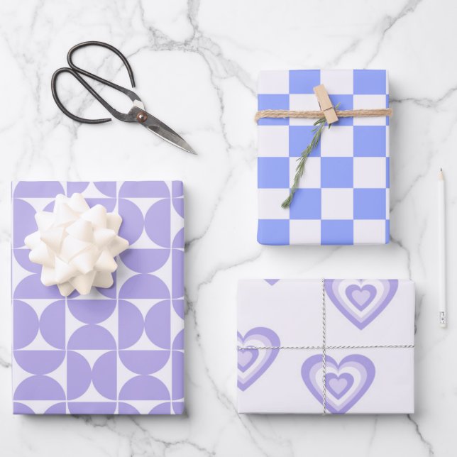 Purple Blue Retro 60s 70s Geometric Heart Romantic Wrapping Paper Sheet (Front)