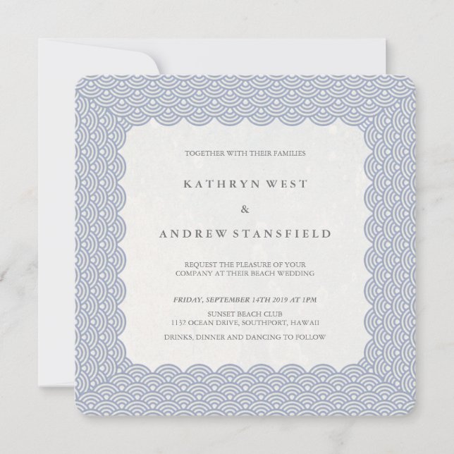 Purple-Blue Scalloped Seigaiha Waves Beach Wedding Invitation (Front)