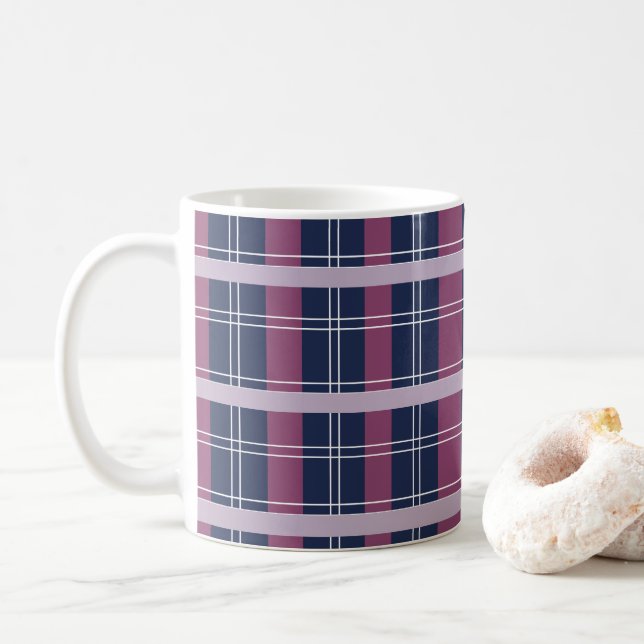 Purple Blue Scottish Tartan Plaid Pattern Coffee Mug (With Donut)