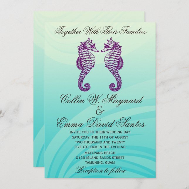 Purple & Blue Seahorse Wedding Invites (Front/Back)