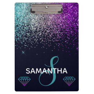 Purple Blue & Silver Glitter & Diamonds Monogram Clipboard