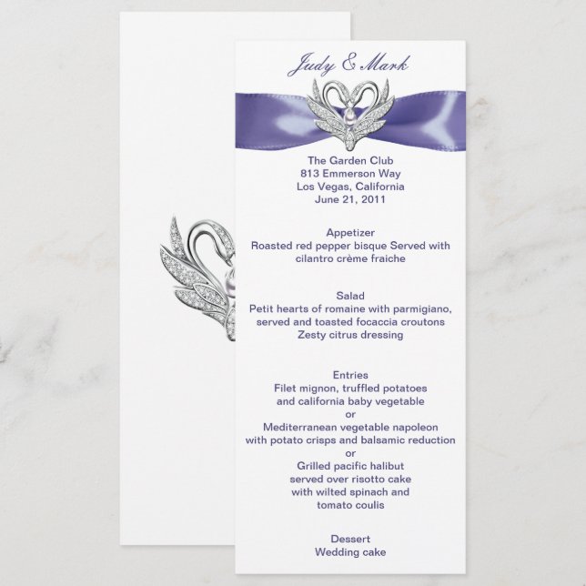 Purple Blue Silver Swans Wedding Menu Card (Front/Back)