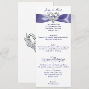 Purple Blue Silver Swans Wedding Menu Card