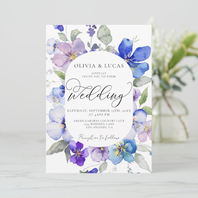 Purple Blue Spring All in 1 Budget QR Wedding  Invitation (Standing Front)