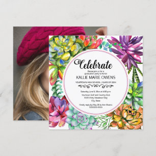 Purple Blue Succulents Botanical Graduation Photo Invitation