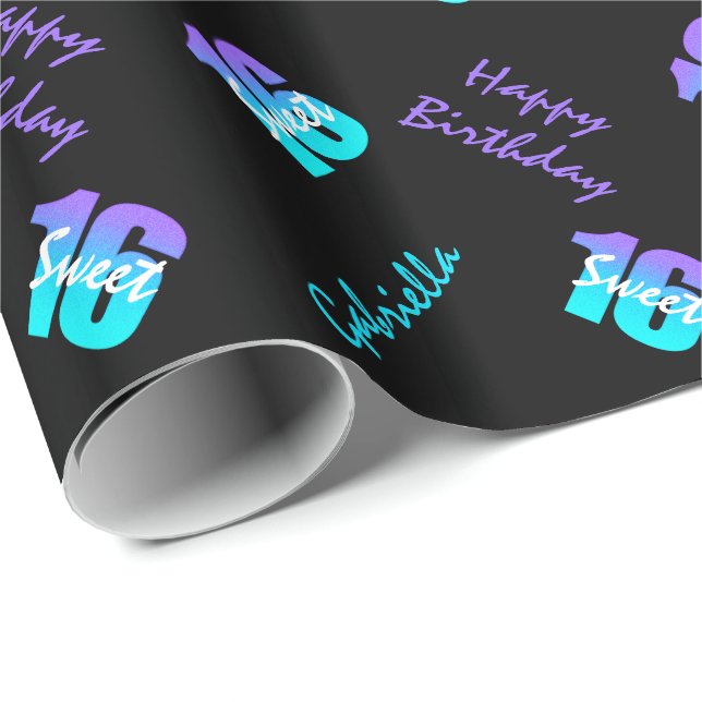 Purple Blue Sweet 16 Personalized Wrapping Paper (Roll Corner)