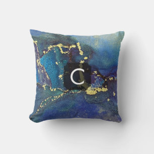 Purple Blue Teal and Gold Liquid Art Monogram Throw Pillow