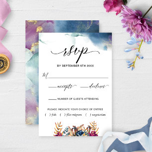 Purple Blue Teal Watercolor & Floral Meal Choices RSVP Card