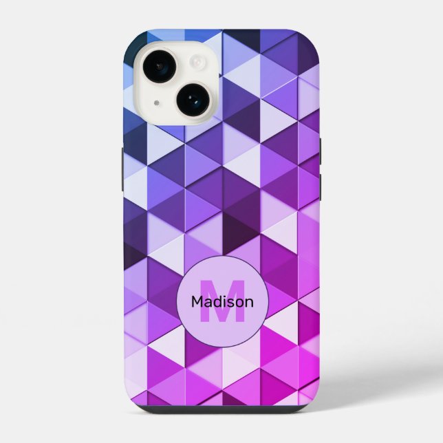 Purple blue triangle geometry pattern Monogram iPhone Case (Back)
