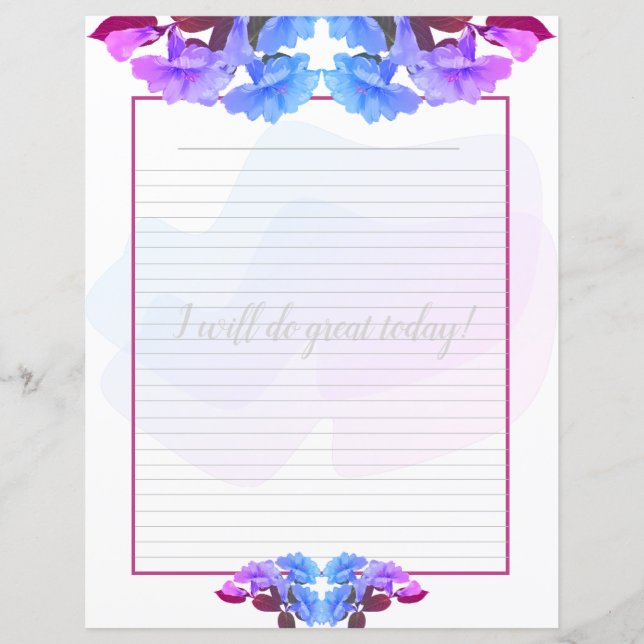 Purple Blue Trumpet Flowers Lined Writing Paper (Front)
