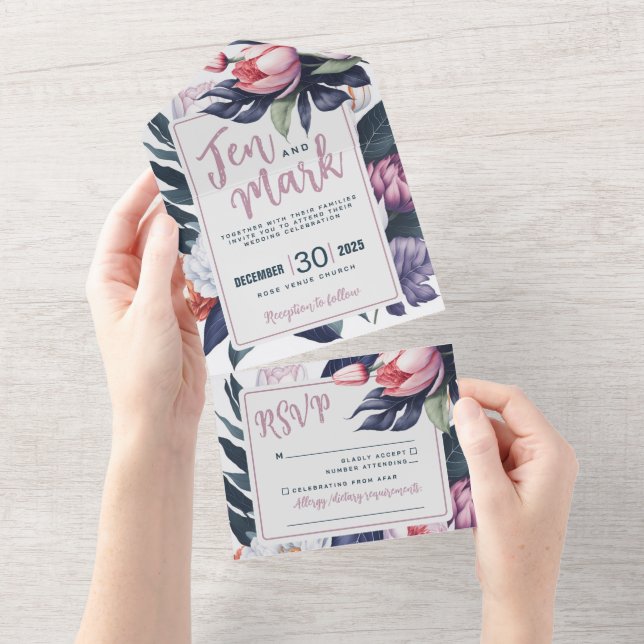 Purple blue Tulips All in one Wedding Invitation (Tearaway)