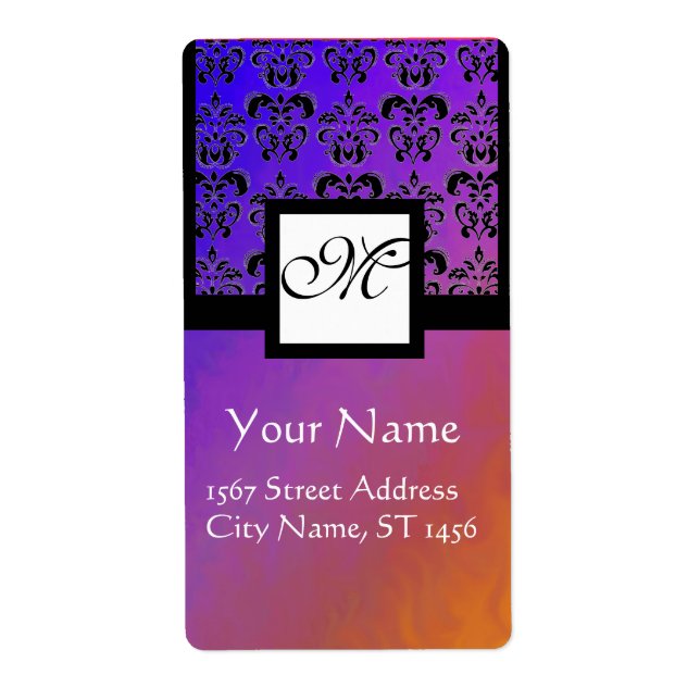 PURPLE BLUE VIOLET BLACK DAMASK, SQUARE MONOGRAM (Front)