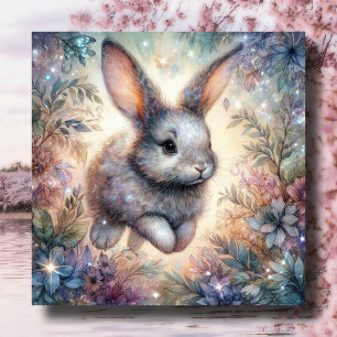 Purple Blue Watercolor Bunny Glitter Flower Easter Holiday Card