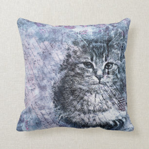 Purple Blue Watercolor Cat Throw Pillow