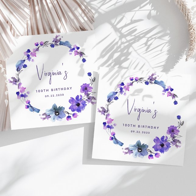 Purple Blue Watercolor Floral 100th Birthday Napkin (Creator Uploaded)