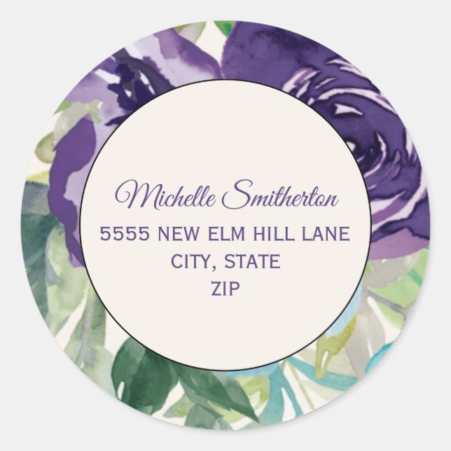 Purple Blue Watercolor Floral Address Classic Round Sticker (Front)