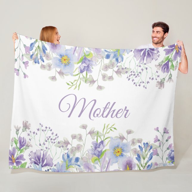 Purple Blue Watercolor Floral Mother  Fleece Blanket (In Situ)