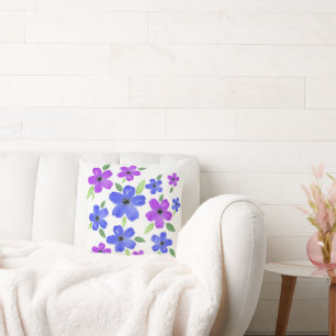 Purple & Blue Watercolor Floral Motif Throw Pillow