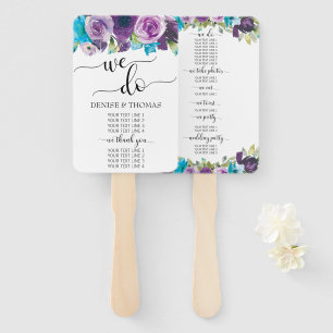 Purple Blue Watercolor Floral Wedding Program Hand Fan