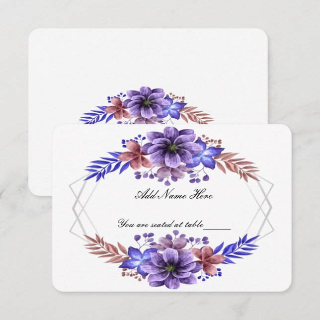 Purple & Blue Watercolor Floral Wedding Table Card (Front/Back)