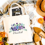Purple Blue Watercolor Flowers Bridesmaid Gift Tote Bag<br><div class="desc">This design was created through digital art. It may be personalized by clicking the customize button and changing the colour, adding a name, initials or your favourite words. Contact me at colorflowcreations@gmail.com if you with to have this design on another product. Purchase my original abstract acrylic painting for sale at...</div>