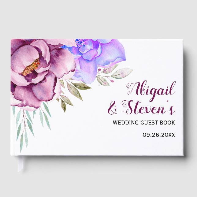 Purple, blue watercolor flowers floral wedding guest book (Front)