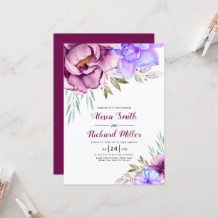 Purple, blue watercolor flowers floral wedding  invitation