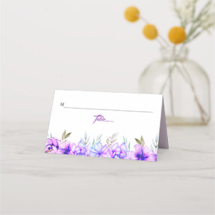 Purple, blue watercolor flowers floral wedding place card