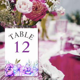 Purple, blue watercolor flowers floral wedding table number