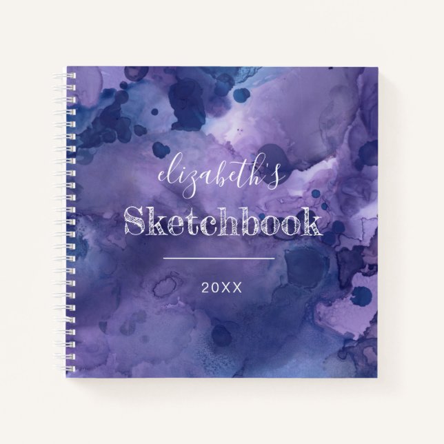 Purple Blue Watercolor Personalized Sketchbook Notebook (Front)