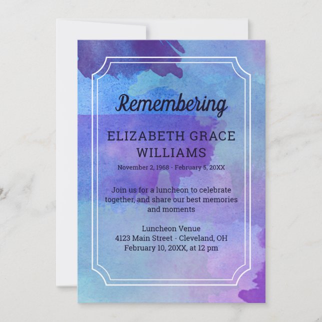 Purple Blue Watercolor Remembering Memorial Invitation (Front)