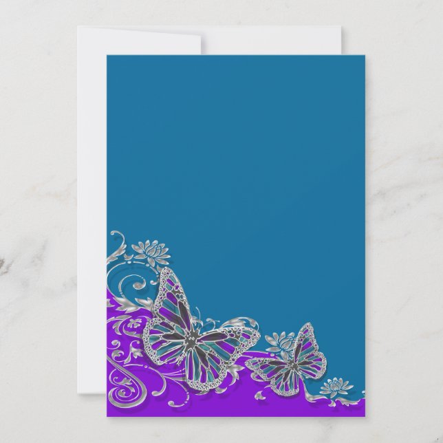 Purple blue wedding butterfly floral invitation (Front)