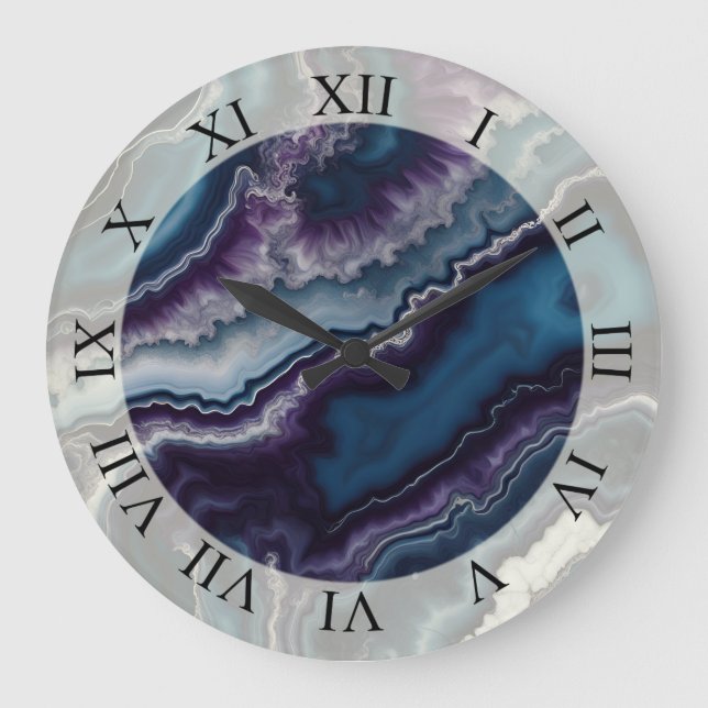 Purple Blue White Agate Marble design  Large Clock (Front)