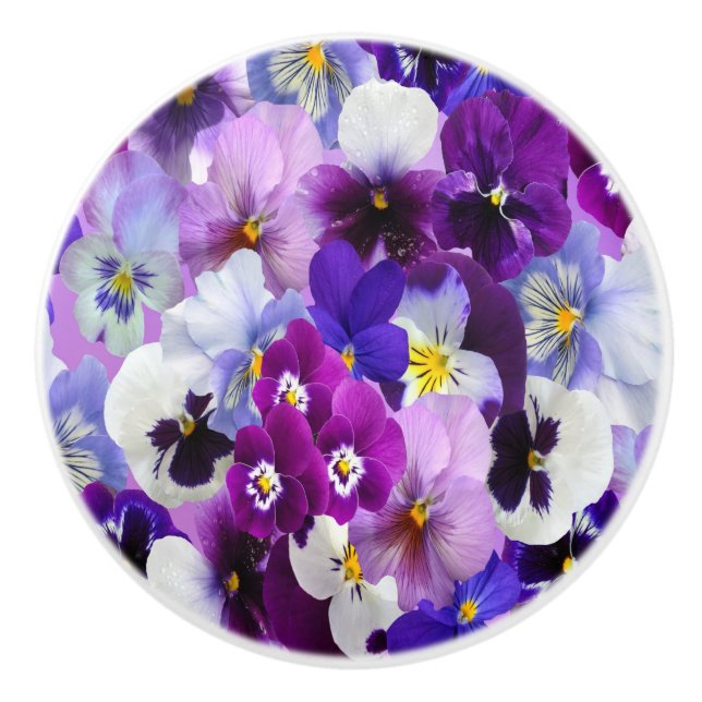 Purple Blue White Floral Pansy Flowers Ceramic Knob (Front)