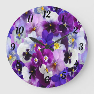 Purple Blue White Floral Pansy Flowers  Large Clock