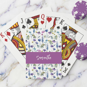 Purple Blue Wildflower Watercolor Monogram Name Playing Cards