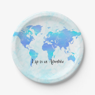 Purple & Blue World Map Life is an Adventure Party Paper Plate