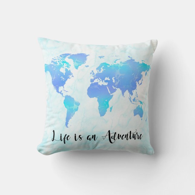 Purple & Blue World Map Life is an Adventure Throw Pillow (Front)