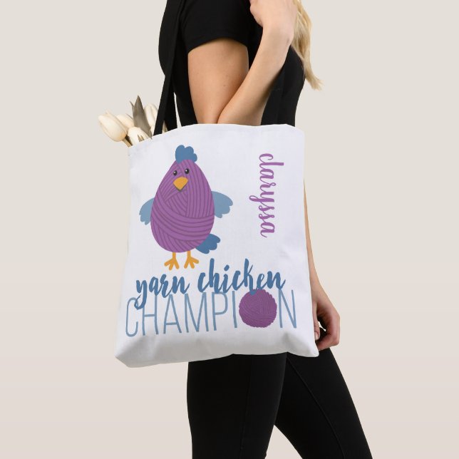 Purple & Blue Yarn Chicken Champion Tote Bag (Close Up)