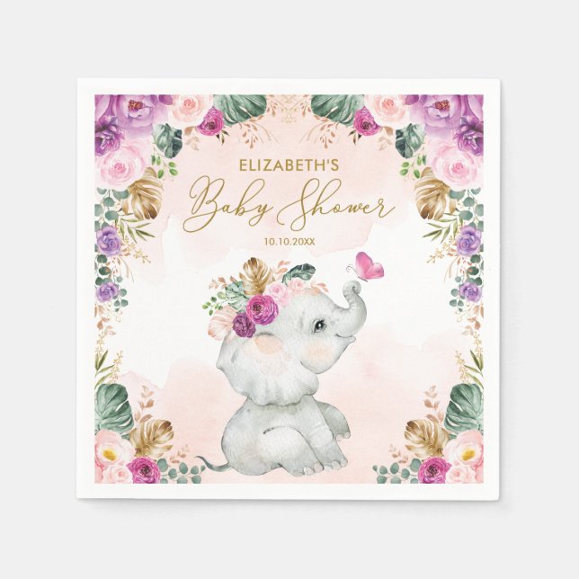 Purple Blush Floral Elephant Girl Baby Shower Napkin (Front)