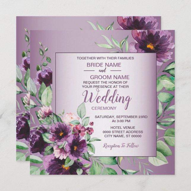 Purple Blush Floral Geometric Greenery Wedding Invitation (Front/Back)
